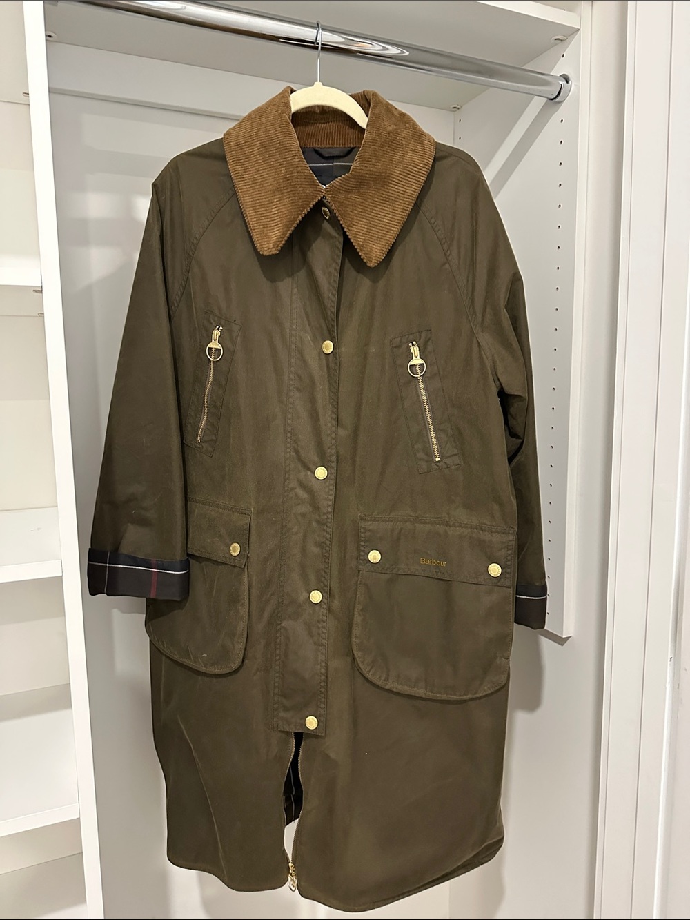 Barbour Olive Green Waxed Cotton Trench Coat with Brown Corduroy Collar